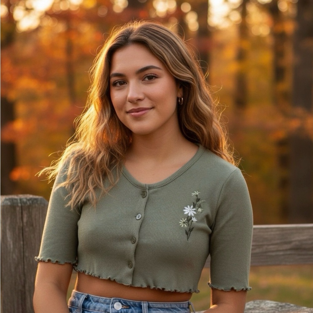 IN DESIGN Girls Embroidered Green Daisy Crop